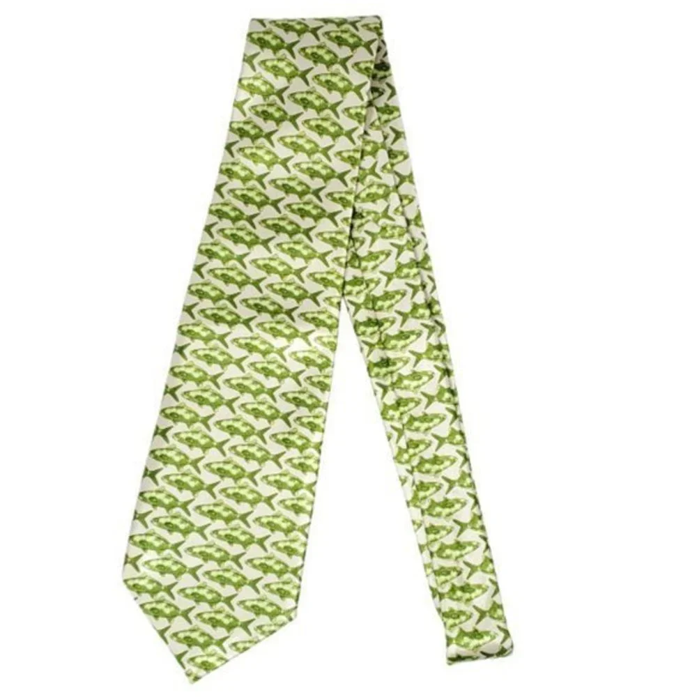 Fish Pattern Tie Necktie Green Ivory‎ Fishing Hunting Sports
